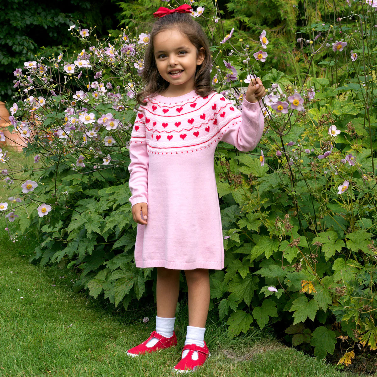 Pink Knit Dress with Red Heart Pattern Pink Knit Dress with Red Heart Pattern — Little Girl Outfits