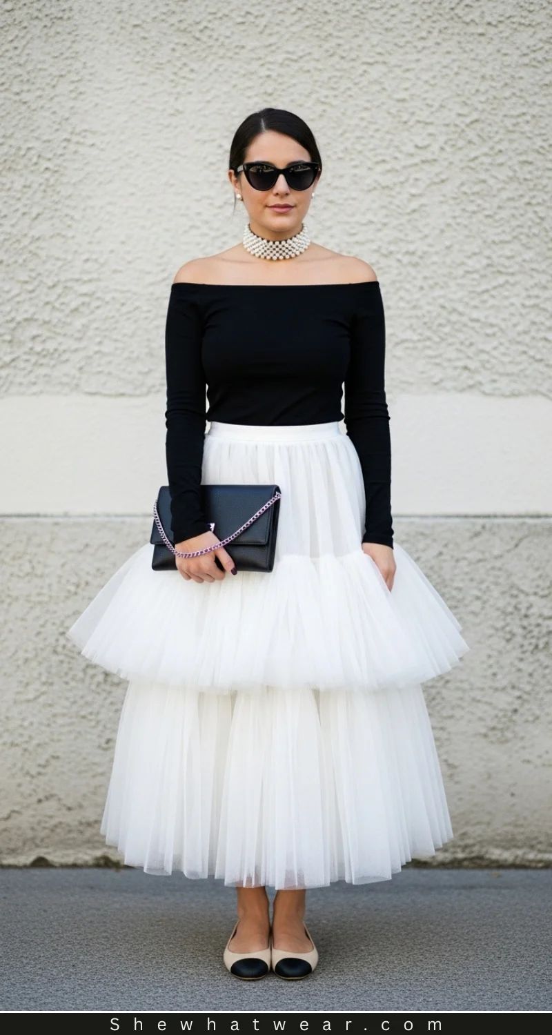 Chic Contrast: White Tulle Skirt with an Off-the-Shoulder Top — Tulle Skirt Outfits
