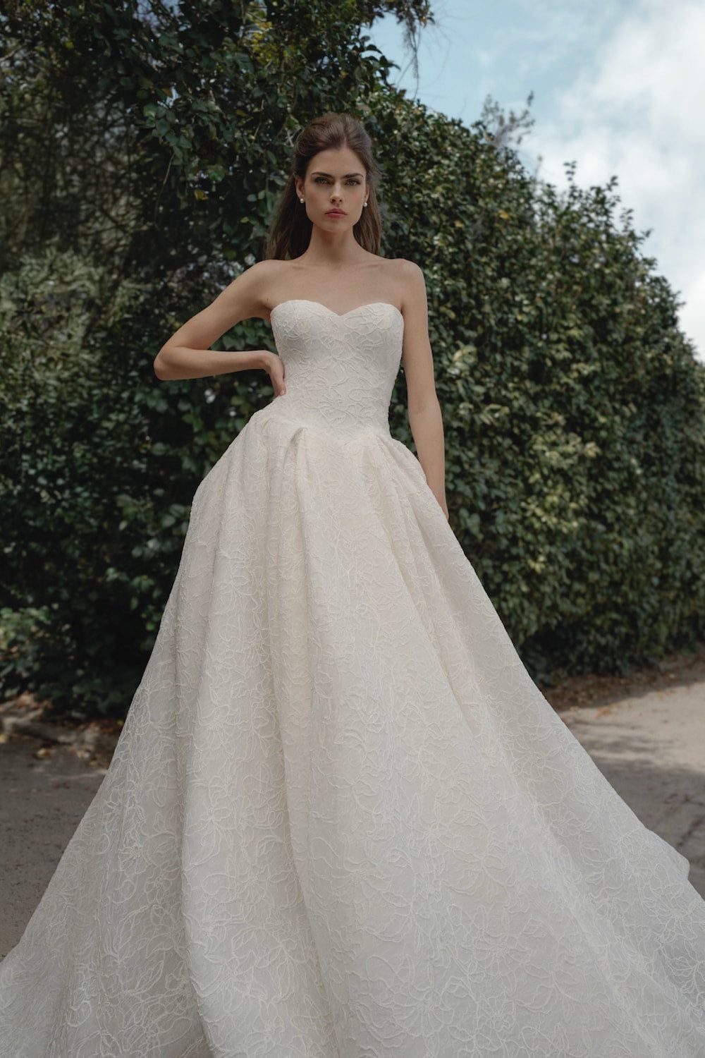 None Visible Strapless Ivory Ball Gown with Intricate Lace Overlay None Visible Strapless Ivory Ball Gown with Intricate Lace Overlay — Ball Gowns