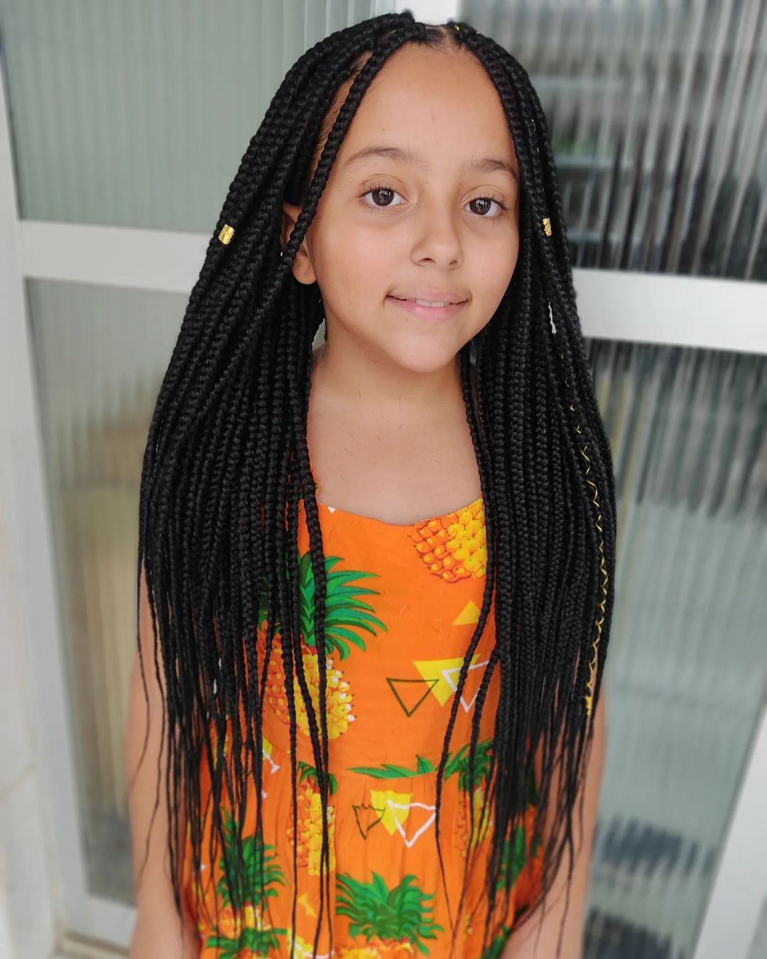 Long Uniform Box Braids With Gold Accessories Long Uniform Box Braids With Gold Accessories — Kids Knotless Braids
