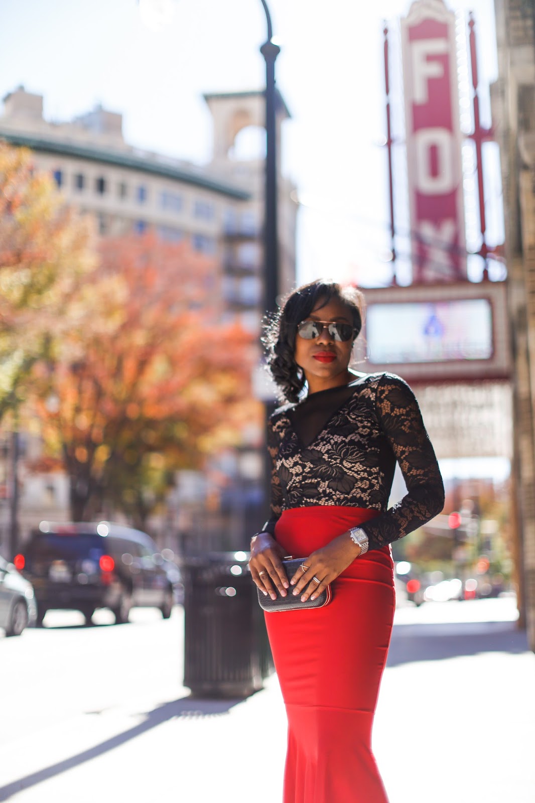 Lace and Mesh Bodysuit with Red Pencil Skirt for Evening — Bodysuit Outfits