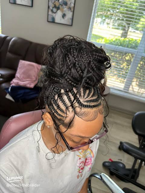 Updo With Cornrows and Blonde Highlights — Knotless Braids Updo