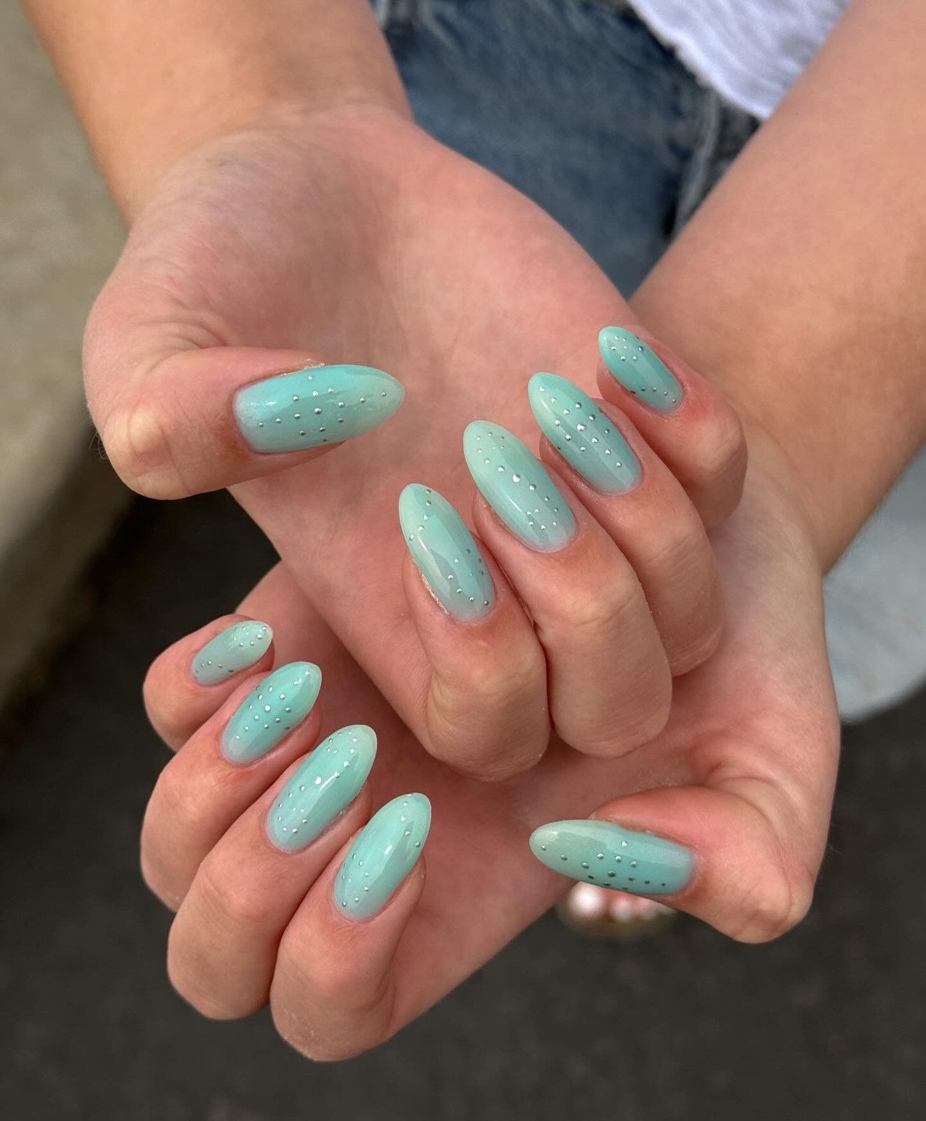 Small Silver Dots Visual Idea — Turquoise Nails