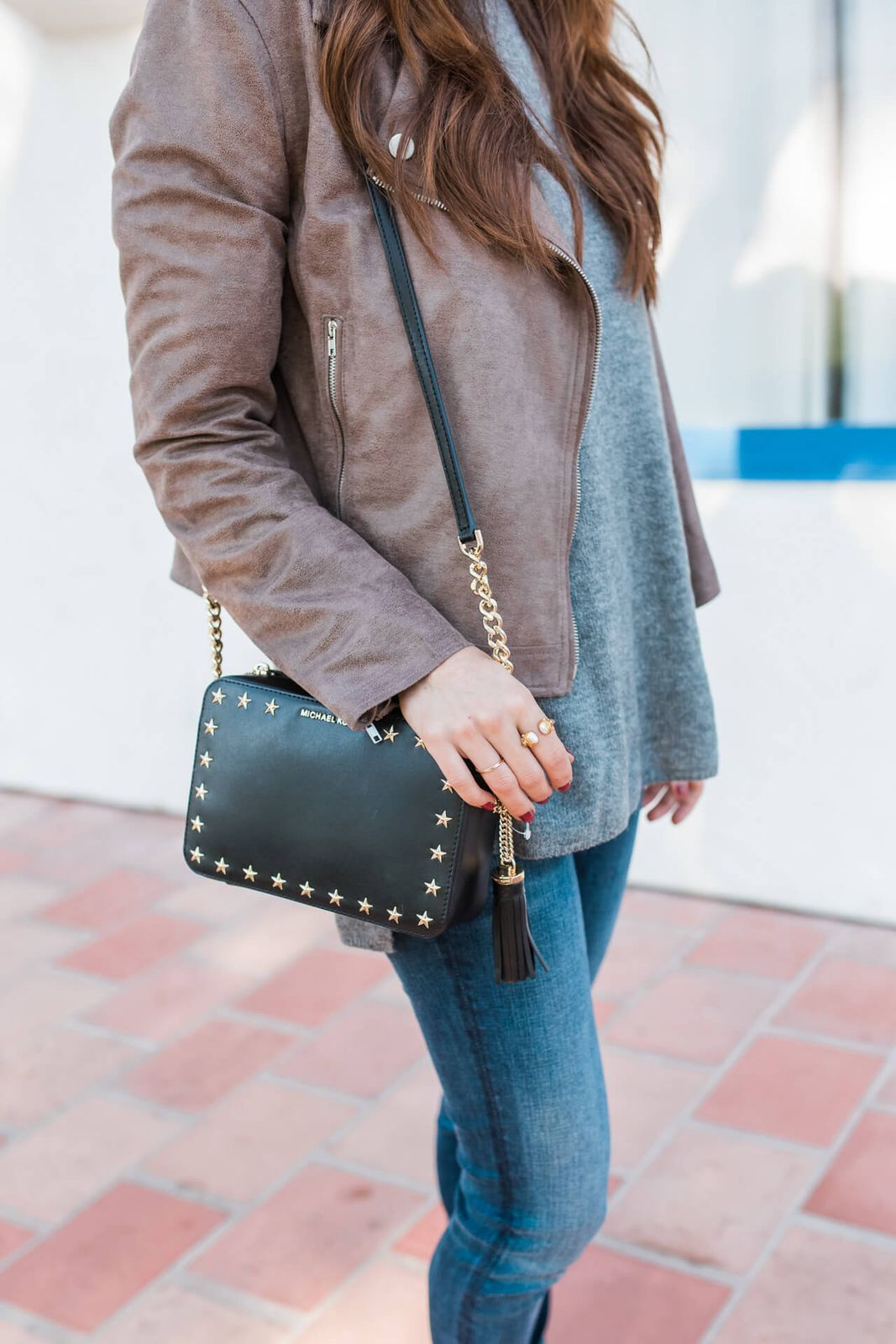 Moto Jacket and Crossbody Bag with Star Embellishments — Michael Kors Bag Outfits