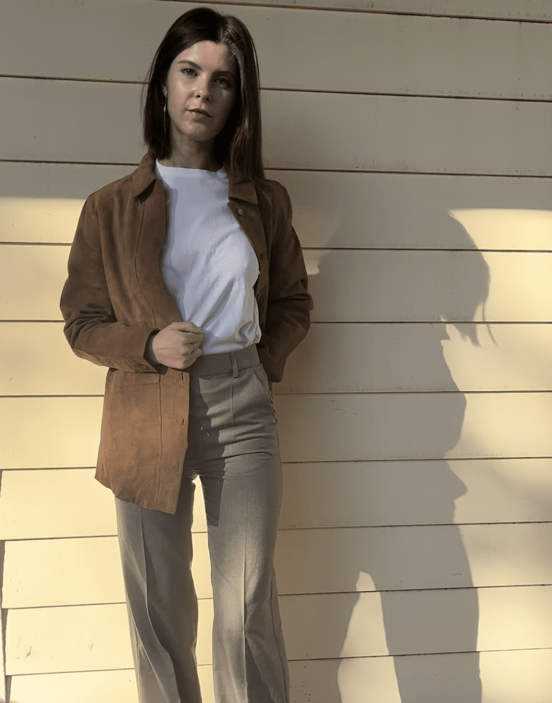 Brown Suede Jacket and Beige Trousers for Casual Office Style — Workwear Aesthetic Outfits