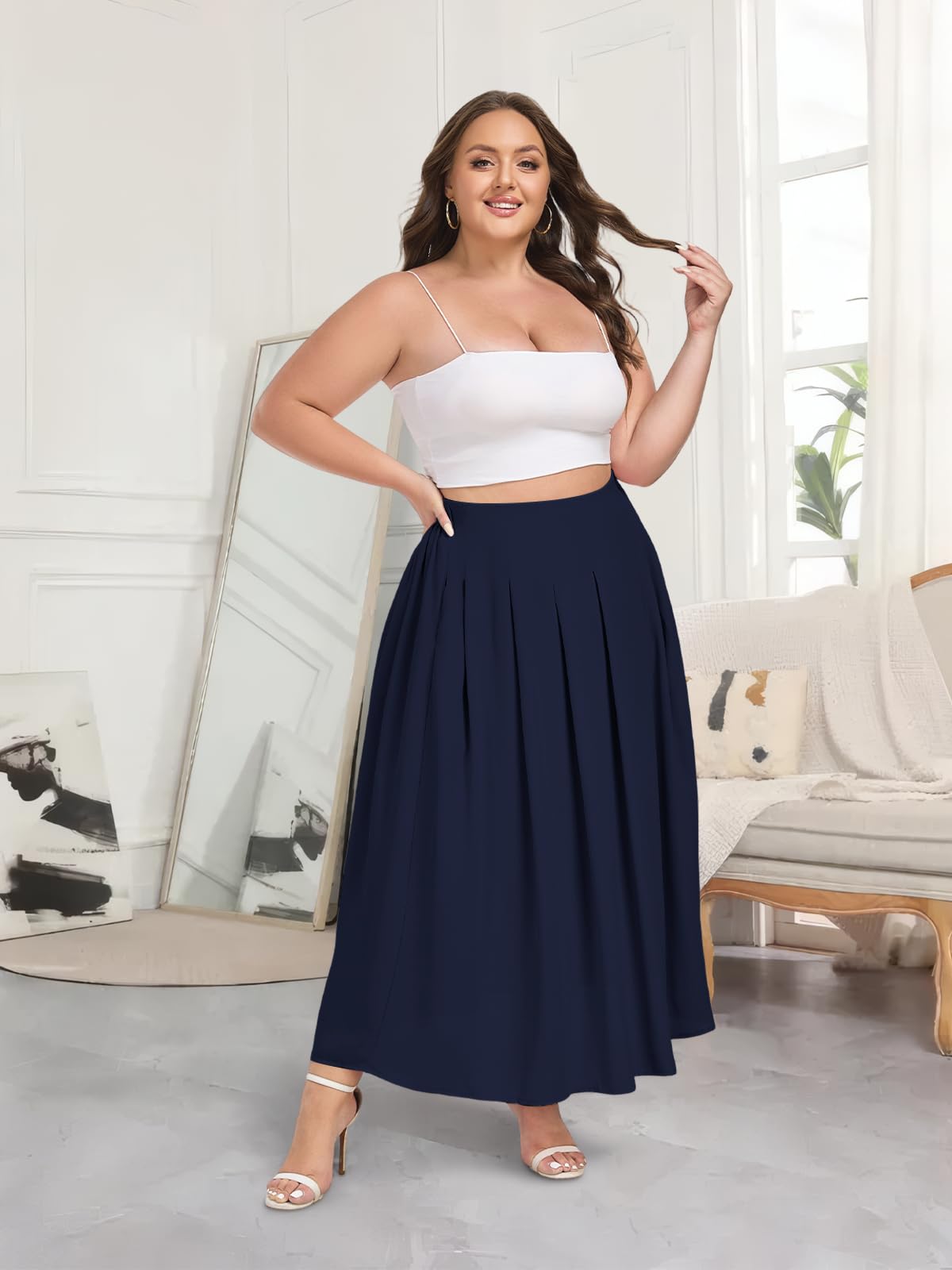 Maxi Pleats in Navy with a White Crop Top and Strappy Heels Maxi Pleats in Navy with a White Crop Top and Strappy Heels — Pleated Skirts