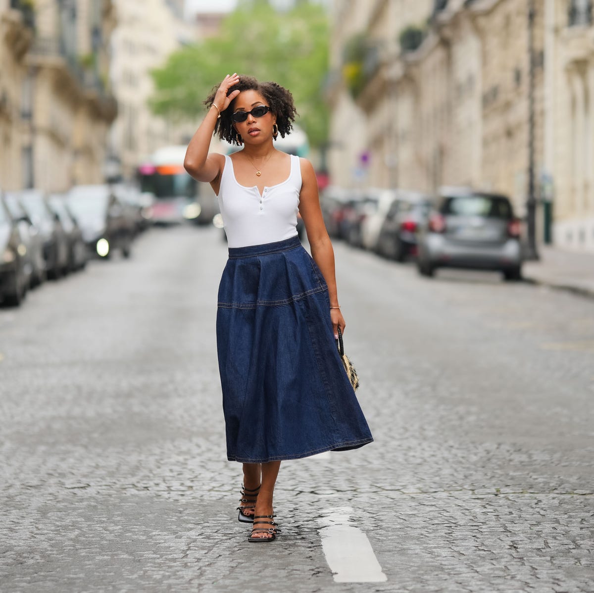 Full Pleated Denim Midi Skirt with White Tank and Strappy Sandals Full Pleated Denim Midi Skirt with White Tank and Strappy Sandals — Midi Skirts