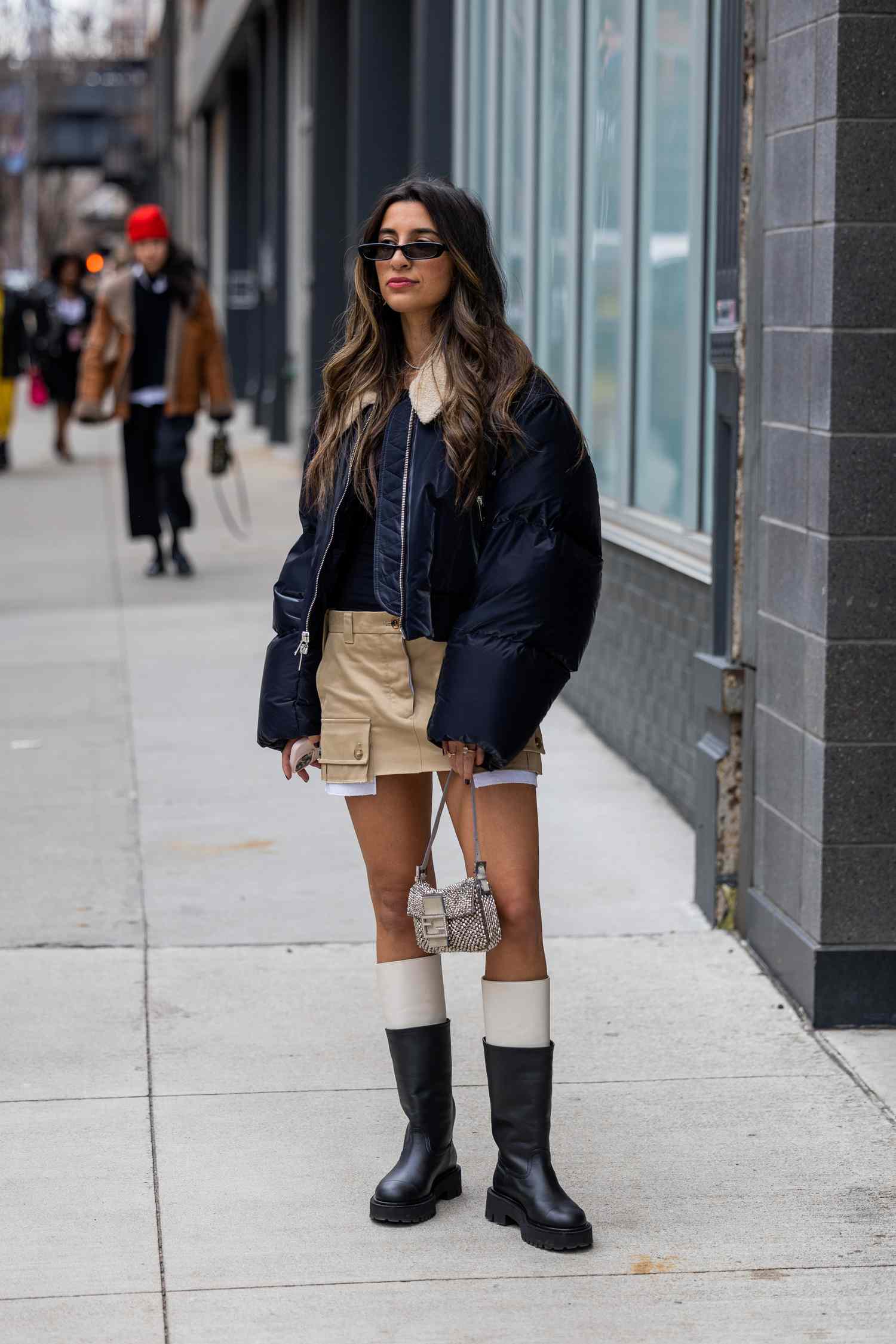 Navy Puffer Bomber with Mini Skirt and Platform Boots — Bomber Jacket Outfits