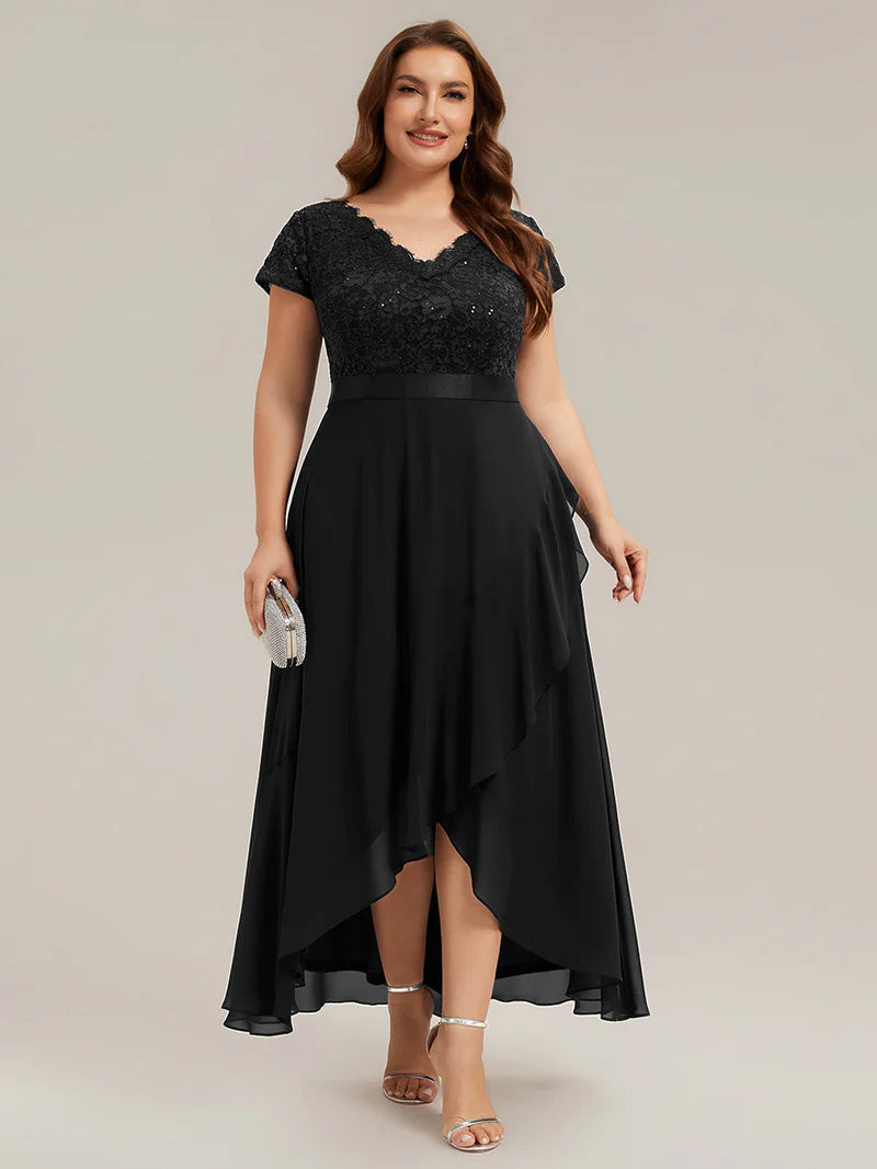 Sequined Bodice Dress with High-Low Hem — Outfits for Inverted Triangle