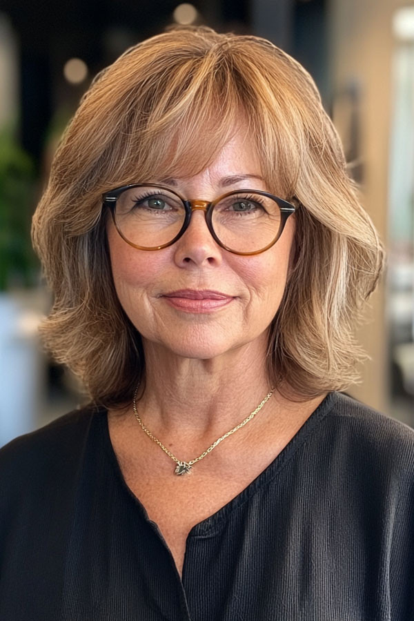 Honey Blonde Layered Bob With Full Fringe Honey Blonde Layered Bob With Full Fringe — Haircuts for Women Over 60 with Glasses