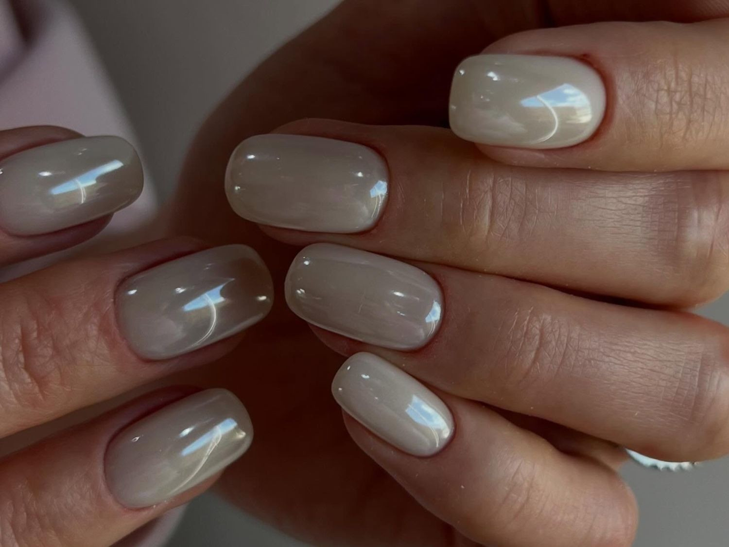 Pearlescent Beige Rounded Square Nails Pearlescent Beige Rounded Square Nails — Photoshoot Nails
