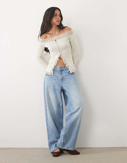 Cream Off-the-Shoulder Cardigan with Lace Trim and Wide-Leg Jeans — Off the Shoulder Tops