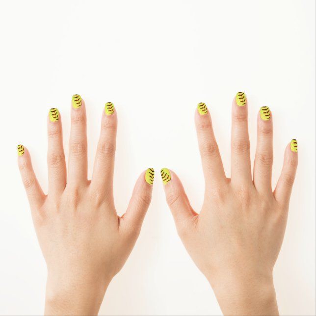 Neon Yellow Black Stitch Square Nails — Softball Nails