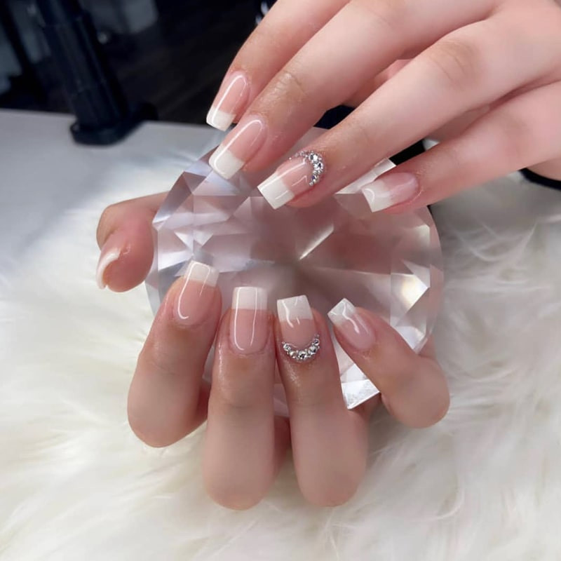 Rhinestone Crescent French Overlay Nails Rhinestone Crescent French Overlay Nails