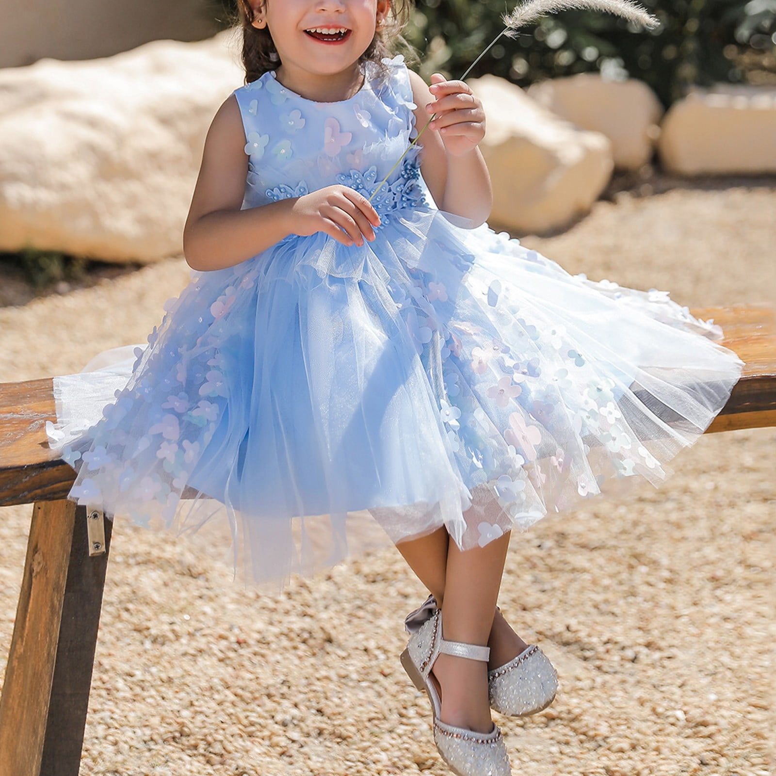 Light Blue Tulle A-Line with Floral Appliques Light Blue Tulle A-Line with Floral Appliques — Little Girl Dresses