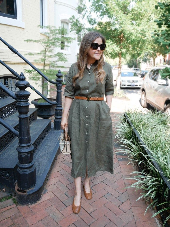 Olive Green Button-Down Midi Dress with Belt and Woven Heels — Midi Dress Outfits