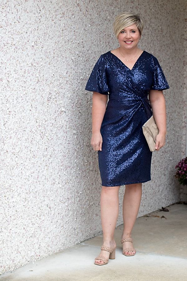 Navy Sequin Wrap Dress with Beige Accessories Navy Sequin Wrap Dress with Beige Accessories — Sequin Dress Outfits