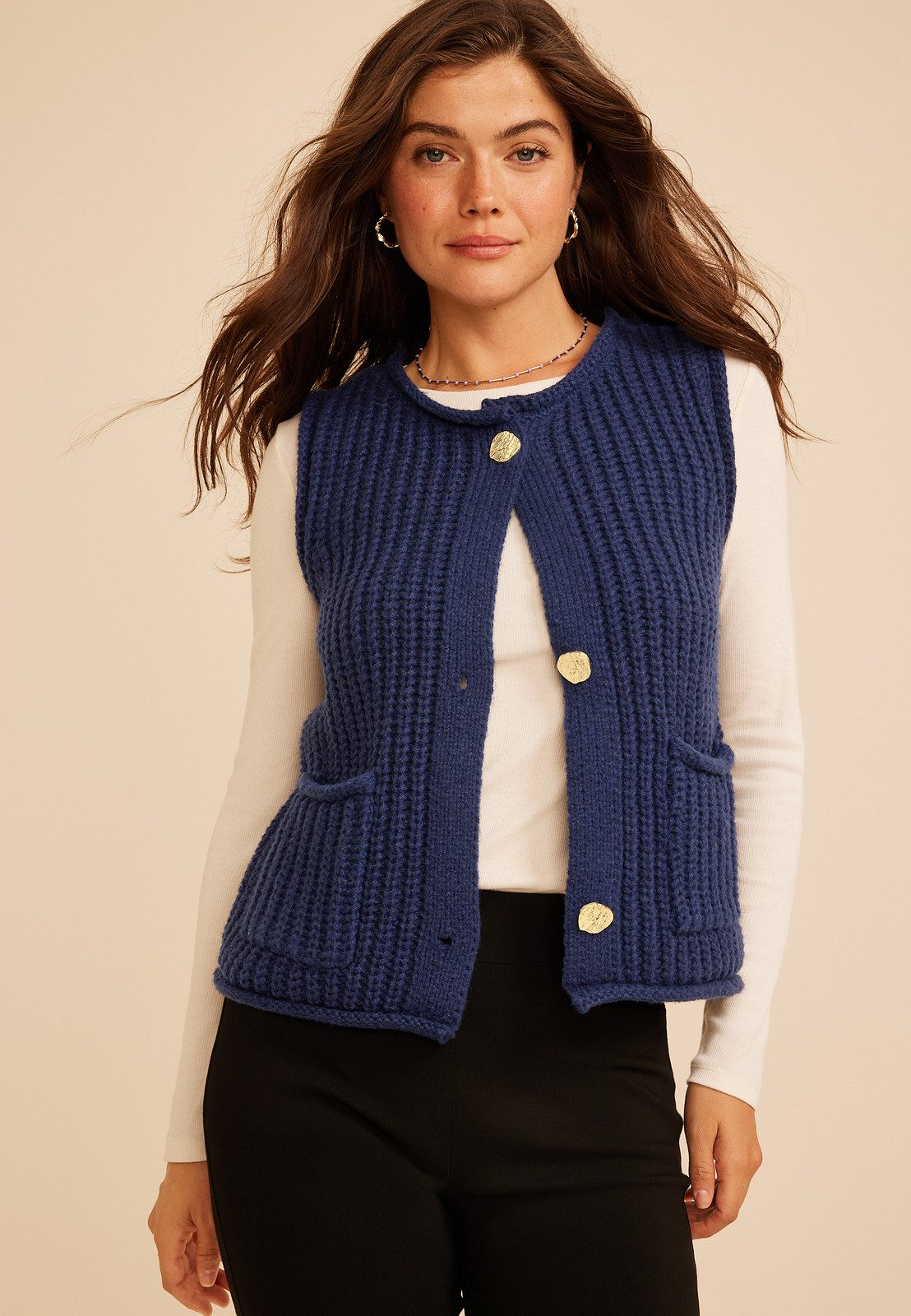 Chunky Knit Navy Vest with Gold Buttons for Casual Comfort Chunky Knit Navy Vest with Gold Buttons for Casual Comfort — Vests