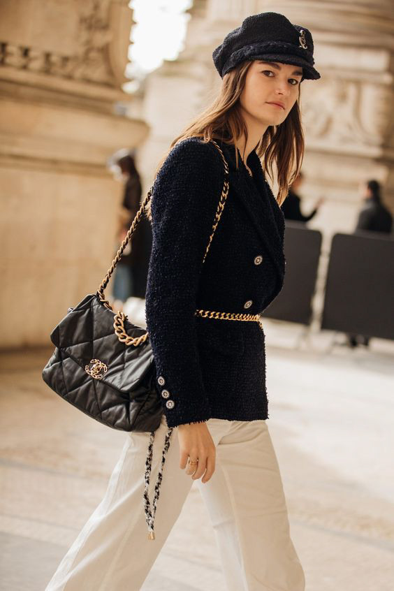 Navy Tweed Jacket and White Trousers with Chain Detail Chanel Bag Navy Tweed Jacket and White Trousers with Chain Detail Chanel Bag — Chanel Bag Outfits