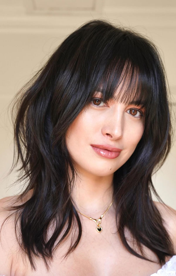 Off-the-Shoulder Top and Dark Wispy Bangs with Heart Pendant