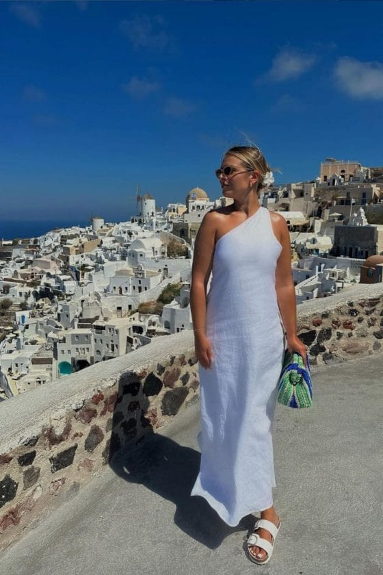 Santorini Sightseeing: White One-Shoulder Linen Maxi Dress — Santorini Outfits