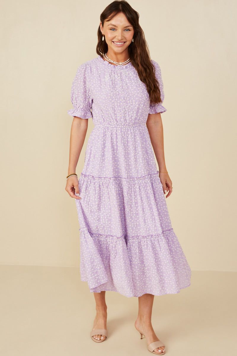 Textured Lavender Tiered Midi Dress with Puff Sleeves — Tiered Dresses