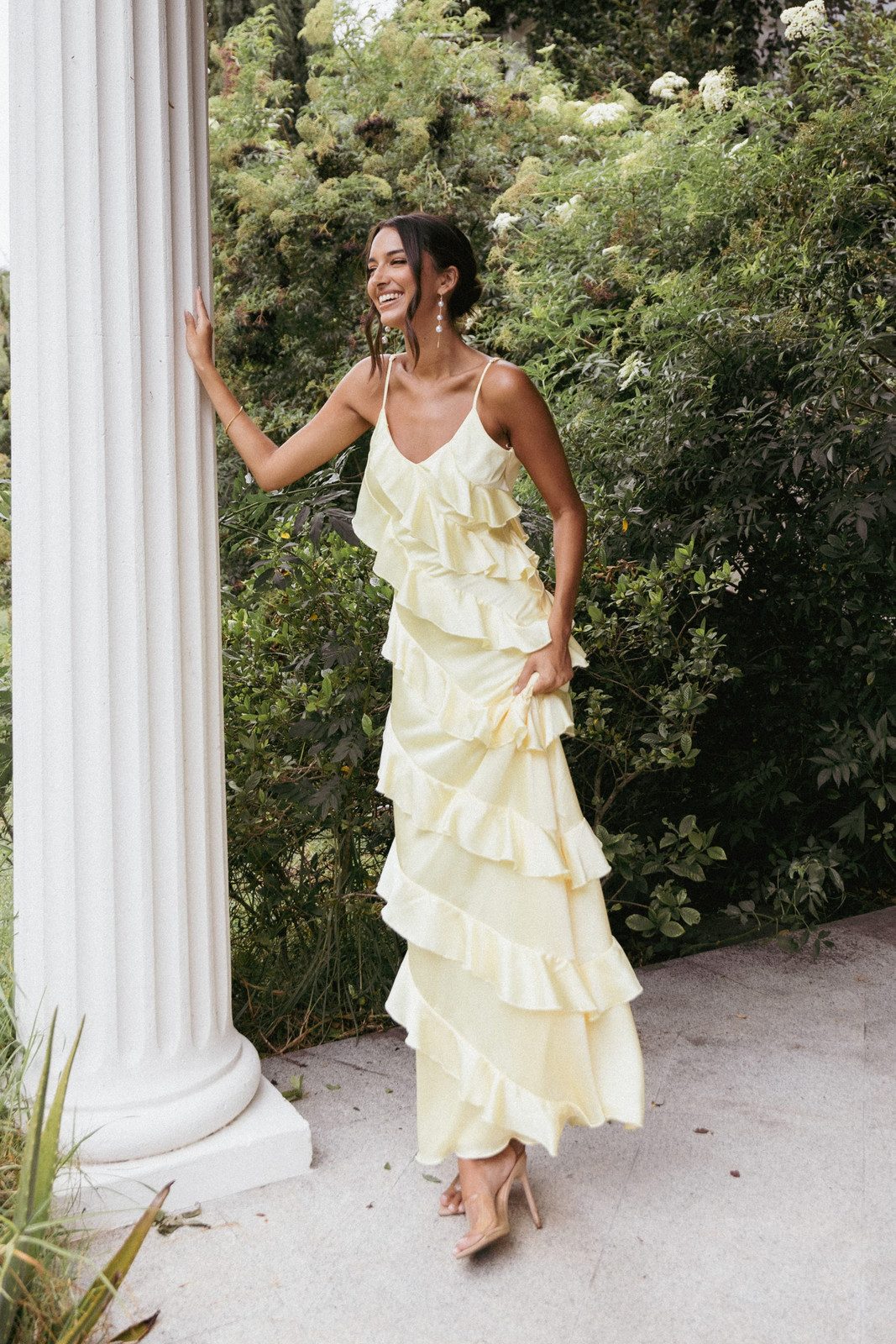 Pale Yellow Satin Maxi Dress with Tiered Ruffle Skirt and Clear Heels Pale Yellow Satin Maxi Dress with Tiered Ruffle Skirt and Clear Heels — Ruffle Dresses