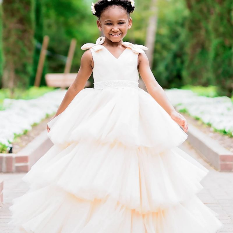 Ivory Tulle Ballgown with Bow Shoulder and Beaded Waistband Ivory Tulle Ballgown with Bow Shoulder and Beaded Waistband — Flower Girl Dresses