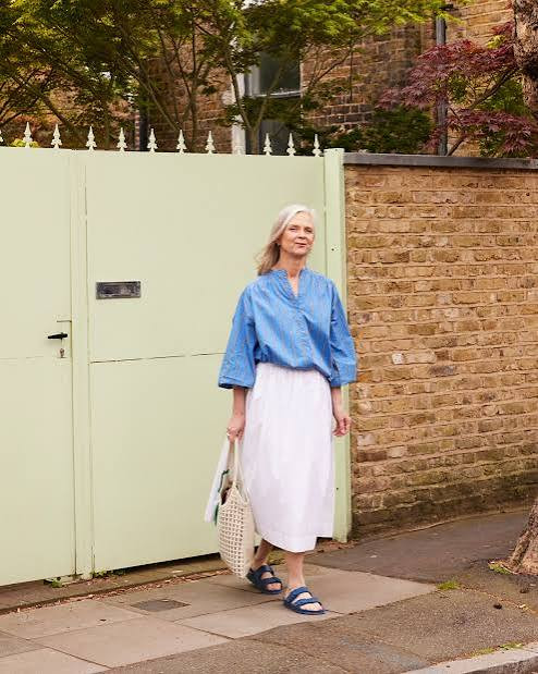 Blue Collared Blouse with White Midi Skirt and Sandals Blue Collared Blouse with White Midi Skirt and Sandals — Grandmacore Outfits