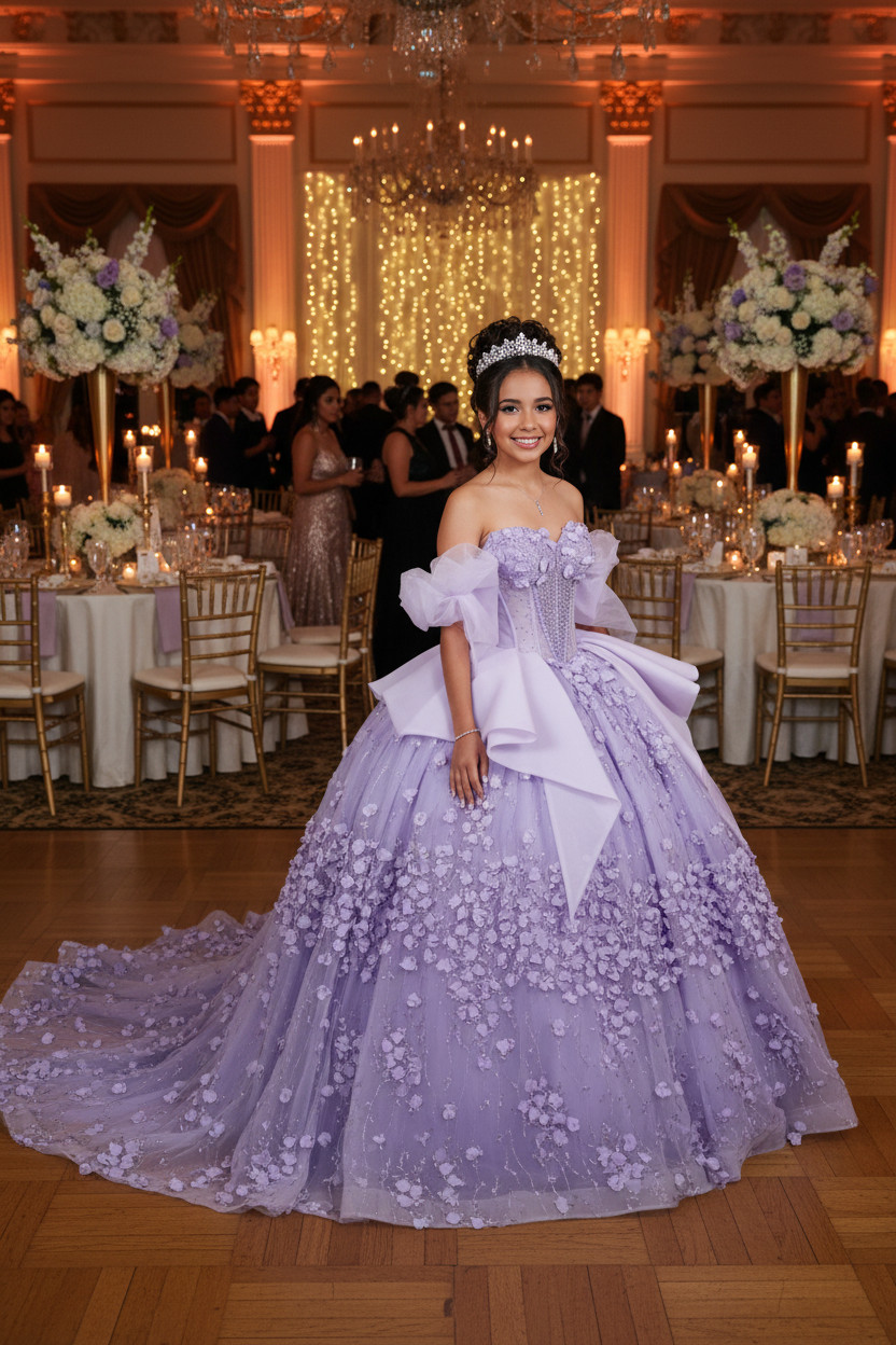 Lilac Purple Ballgown with Floral Appliques and Corset Bodice — Quinceanera Guest Outfits