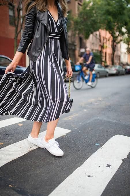 Urban Casual Striped Maxi Dress with Leather Jacket Urban Casual Striped Maxi Dress with Leather Jacket — Striped Dresses