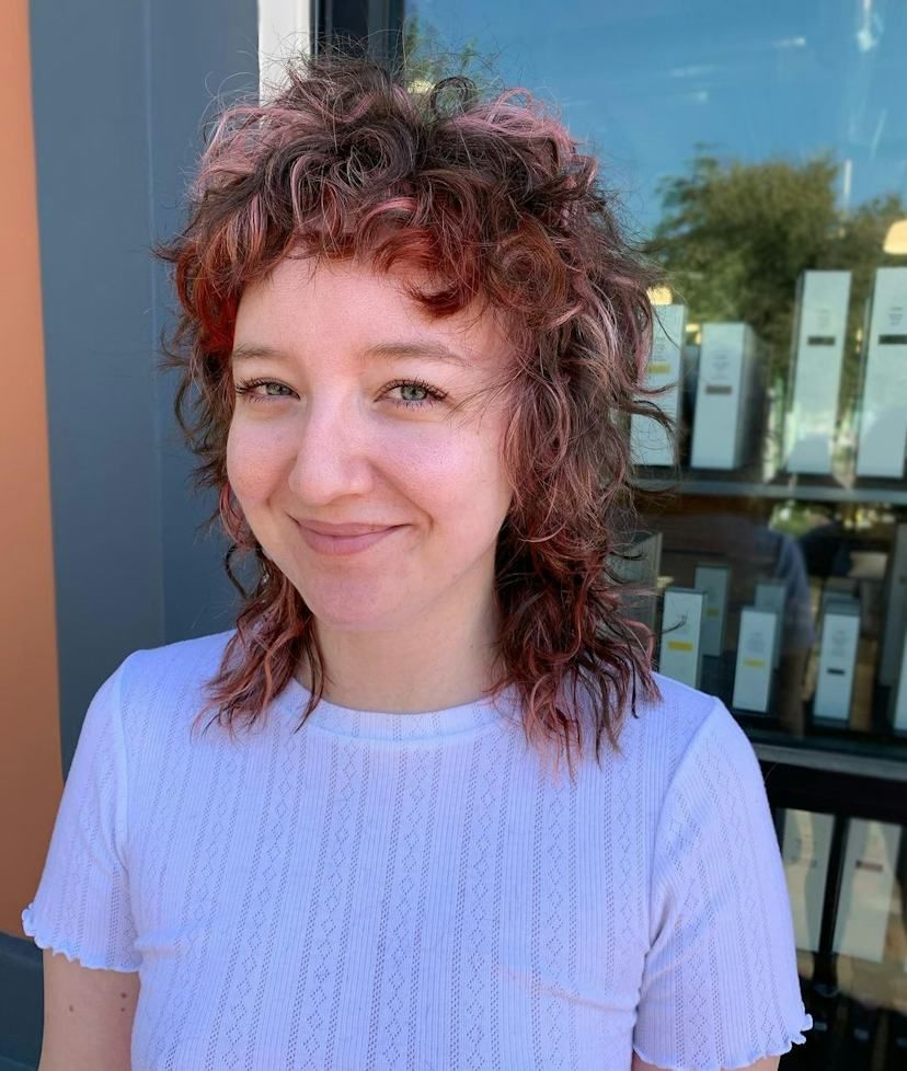 Dark Brown With Pink Highlights Visual Idea — Curly Wolf Cut