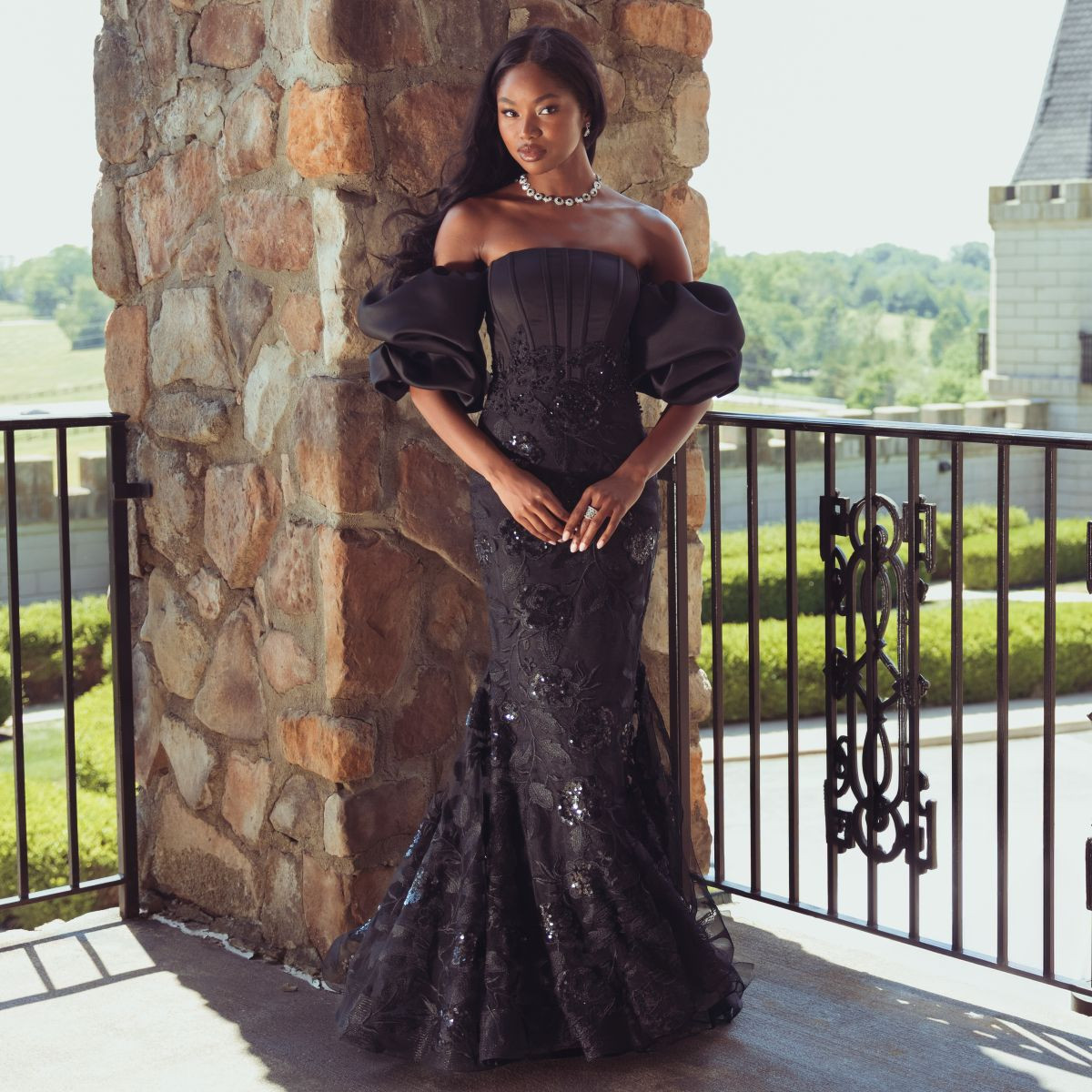 Off-the-Shoulder Gown with Voluminous Puffed Sleeves — Black Tie Dresses