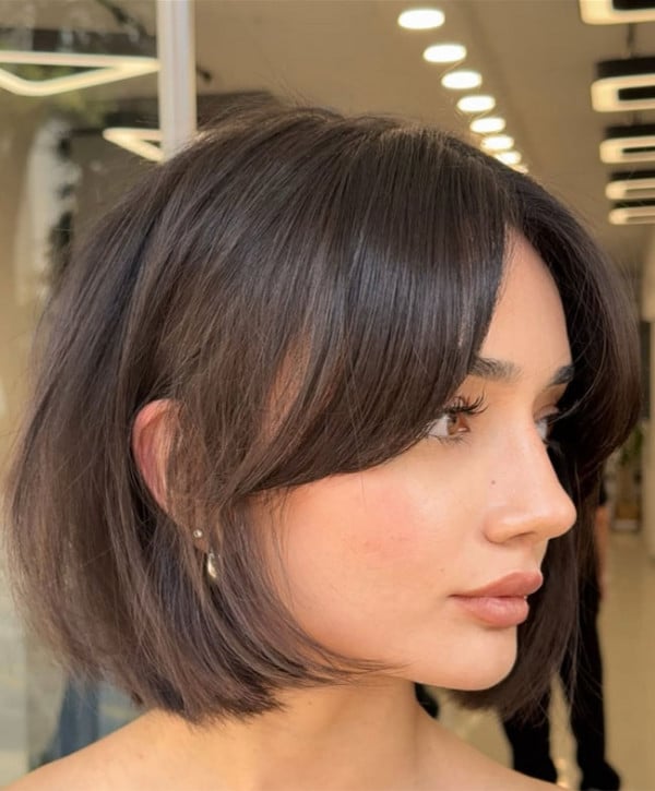 Dark Brown Blunt Bob with Black Top and Hoops Dark Brown Blunt Bob with Black Top and Hoops — Curtain Bangs