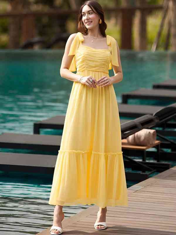 Yellow Chiffon Maxi Dress with Ruffled Shoulder Ties Yellow Chiffon Maxi Dress with Ruffled Shoulder Ties — Beach Dresses
