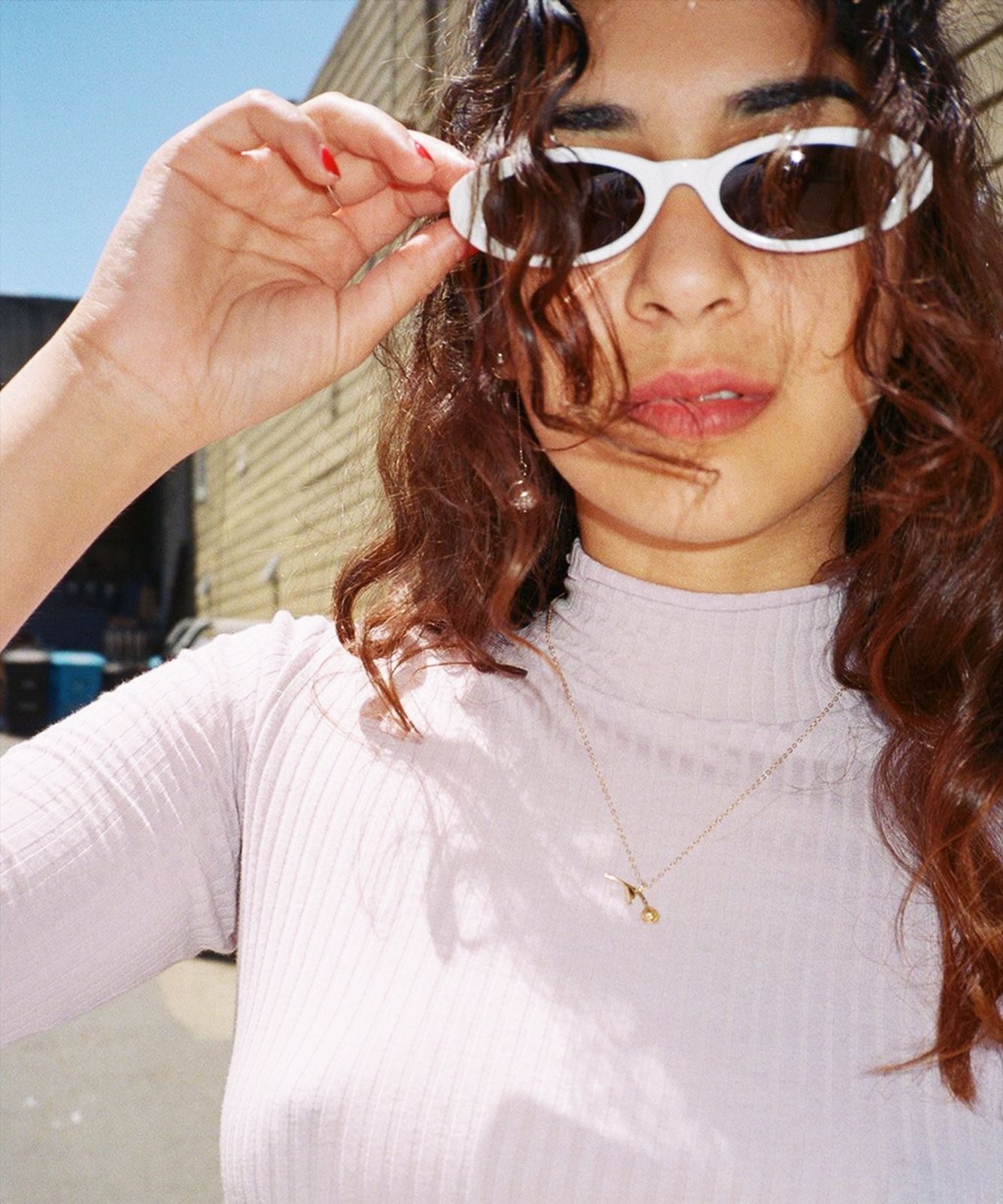 White Oval Sunglasses with Light Purple Turtleneck — Oval Sunglasses Outfits