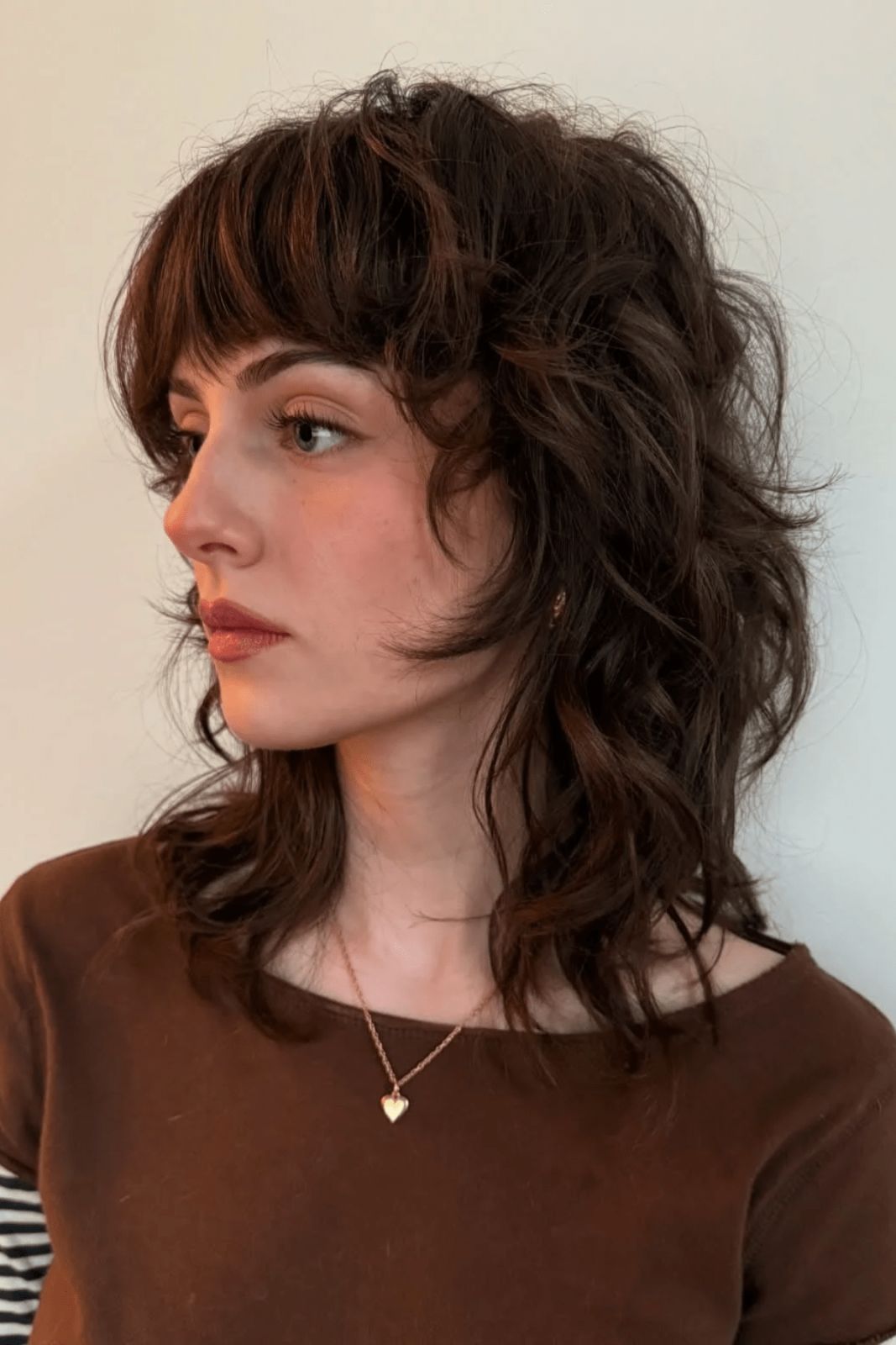 Dark Brown With Subtle Highlights Dark Brown Collarbone Shag With Soft Curtain Bangs Dark Brown With Subtle Highlights Dark Brown Collarbone Shag With Soft Curtain Bangs — Shag Haircut