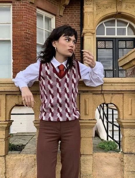 Patterned Knit Vest with Red Tie Patterned Knit Vest with Red Tie — Eclectic Grandpa Outfits