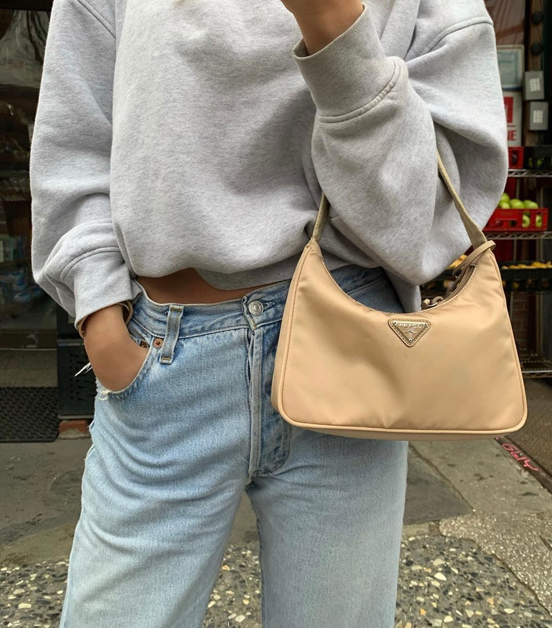 Beige Prada Nylon Bag with Cropped Sweatshirt Beige Prada Nylon Bag with Cropped Sweatshirt — Prada Bag Outfits