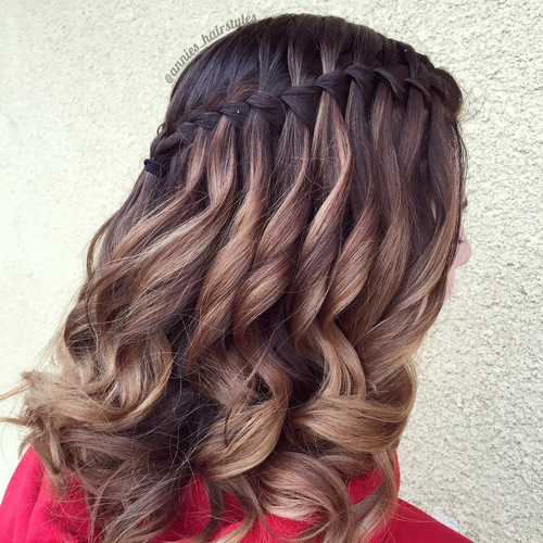 Dark Brown Caramel Balayage Waterfall Braid