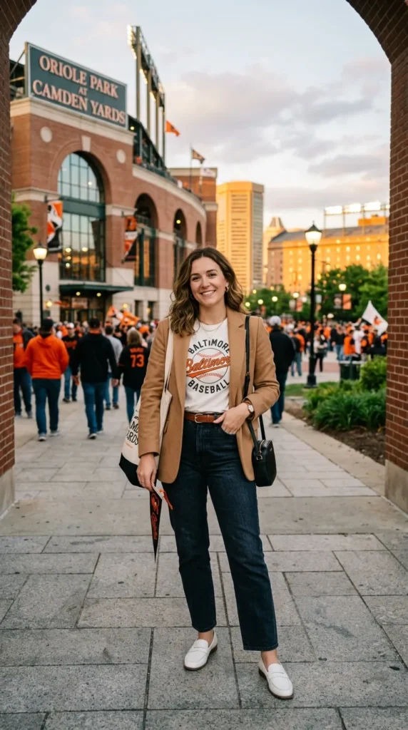 Baseball Game Graphic T-Shirt with Blazer and Straight Leg Jeans — Baseball Game Outfits