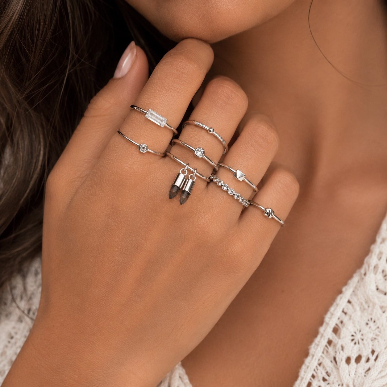 Delicate Silver Rings with a White Lace Top — Silver Ring Stack