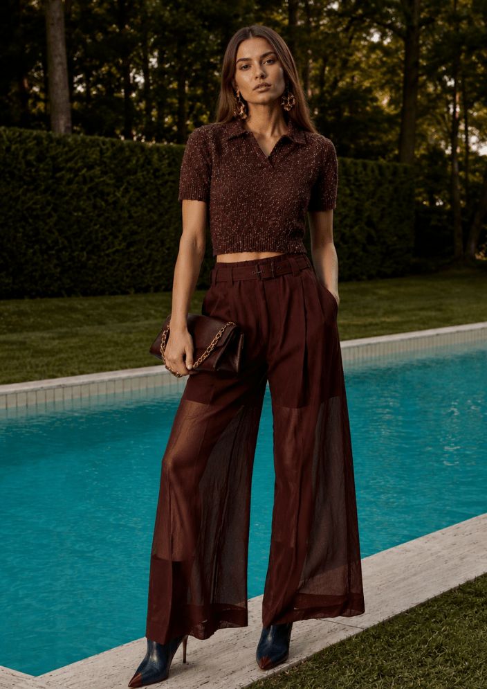Brown Knit Top and Sheer Trousers Set — Garden Party Outfits