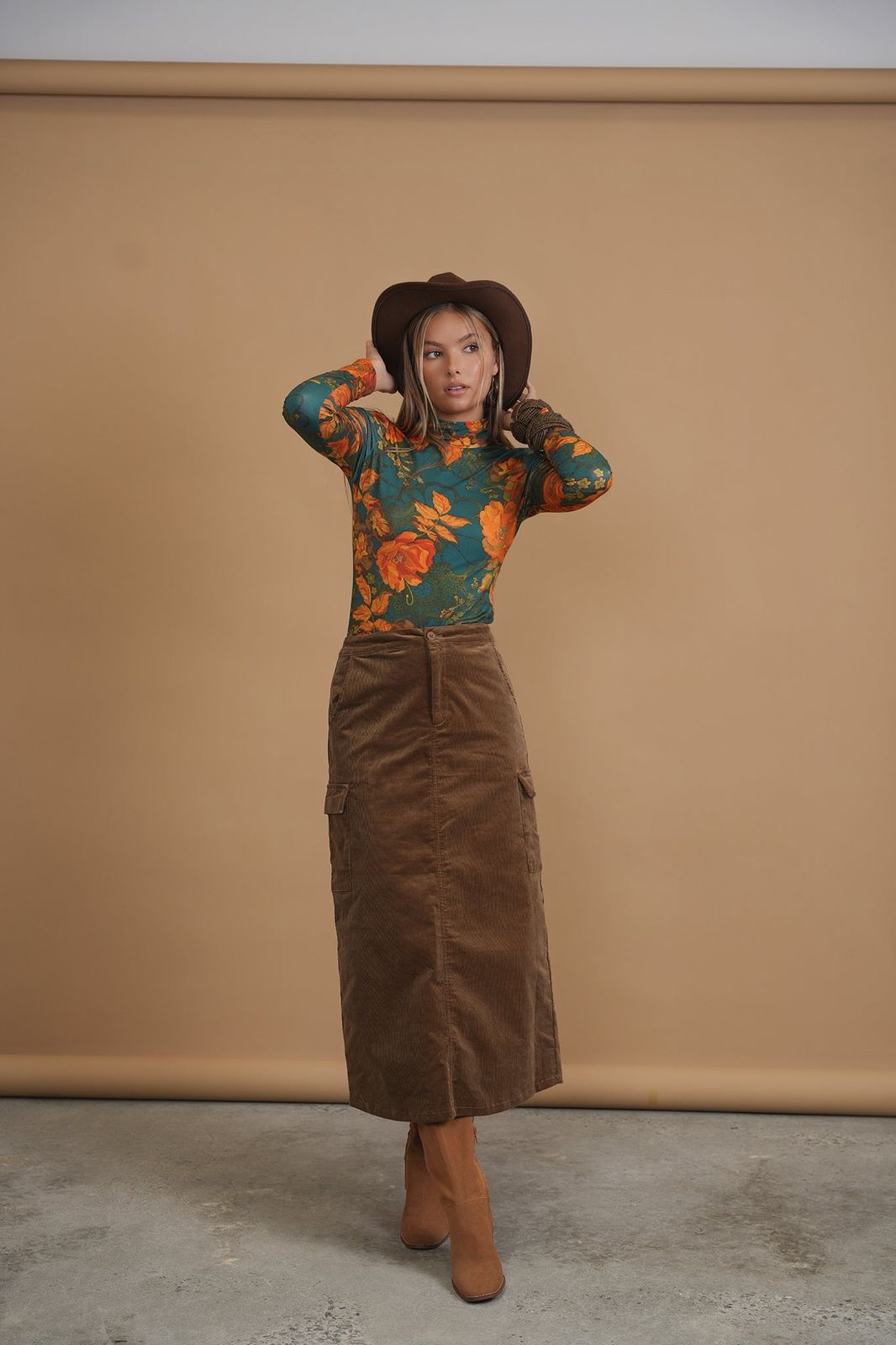 Taupe Corduroy Maxi Cargo Skirt with Floral Top — Cargo Skirts
