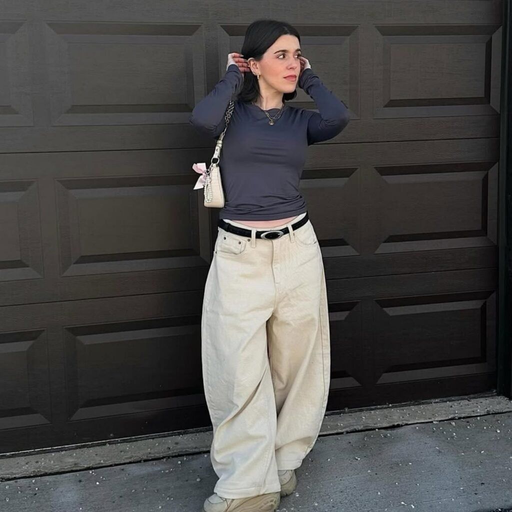 Fitted Top with Extremely Baggy Pants for Contrast — Outfits for Long Torso