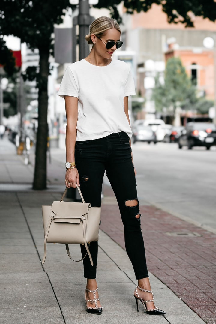 Skinny Black Ripped Jeans, White Tee, and Studded Black Heels — Heels with Jeans Outfits