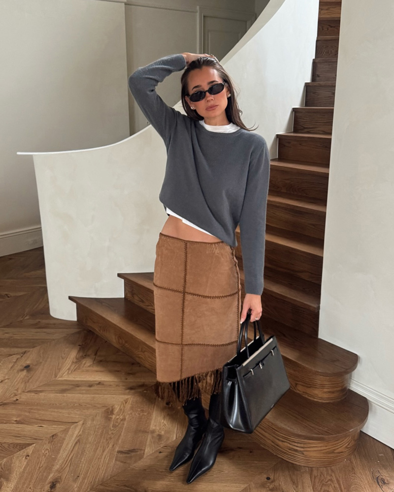 Brown Suede Fringe Midi Skirt with a Cropped Sweater — Midi Skirt Outfits