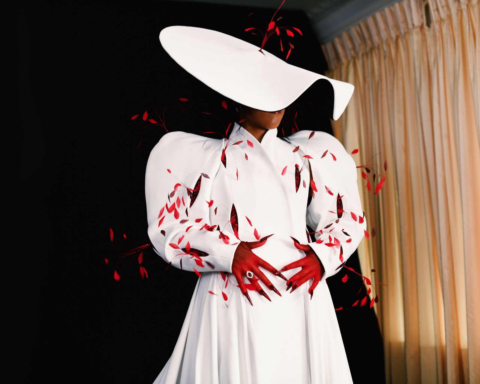 Avant-Garde White Coat with Red Feather Embellishments and Hat Avant-Garde White Coat with Red Feather Embellishments and Hat — Charity Gala Outfits