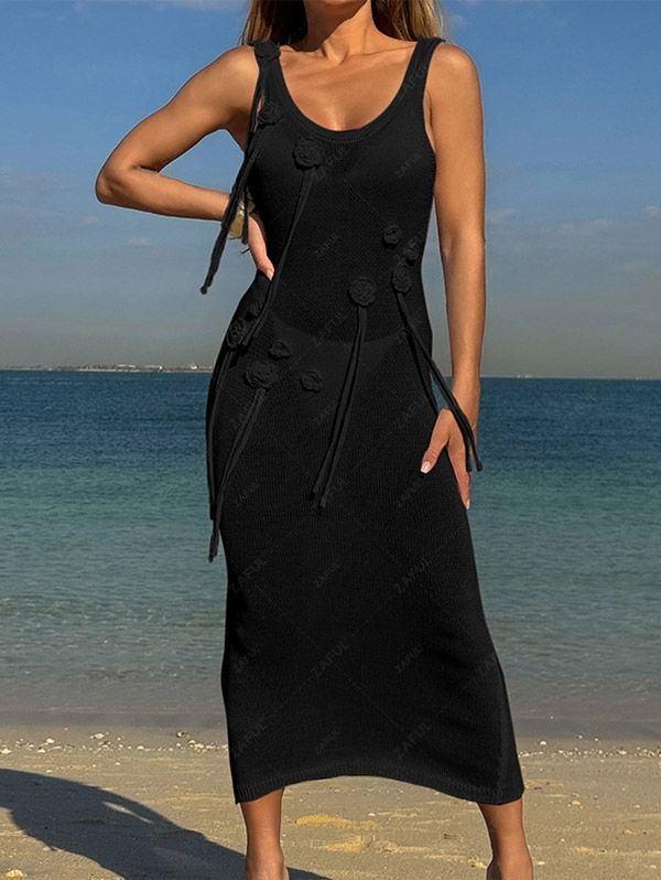 Black Ribbed Knit Maxi Dress with 3D Flower Detail Black Ribbed Knit Maxi Dress with 3D Flower Detail — Dresses for Skinny Girls