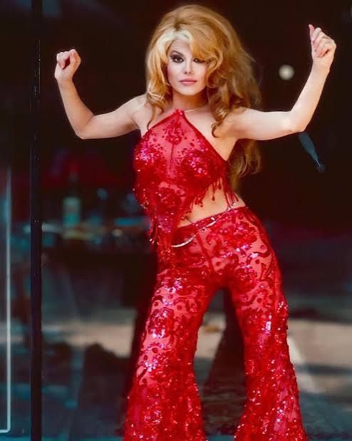 All-Red Sequins: Halter Top and Flared Pants Power Suit All-Red Sequins: Halter Top and Flared Pants Power Suit — Vegas Show Outfits